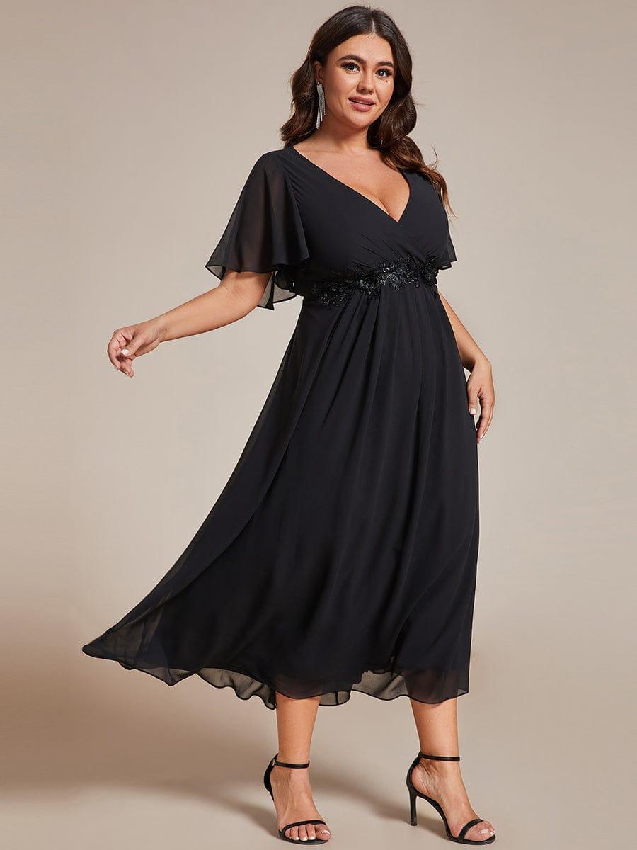 Floral A-Line Short Sleeves V-Neck Applique Empire-Waist Wedding Guest Dress