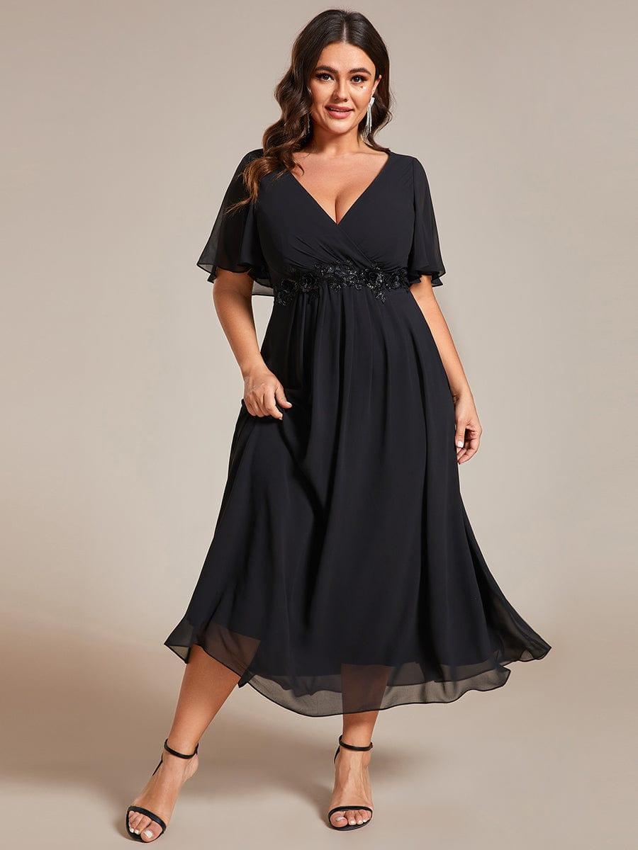 Floral A-Line Short Sleeves V-Neck Applique Empire-Waist Wedding Guest Dress