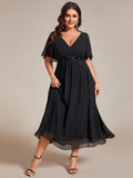 Floral A-Line Short Sleeves V-Neck Applique Empire-Waist Wedding Guest Dress