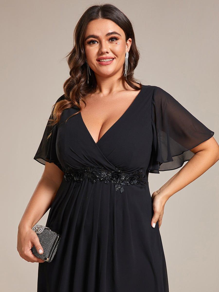 Floral A-Line Short Sleeves V-Neck Applique Empire-Waist Wedding Guest Dress