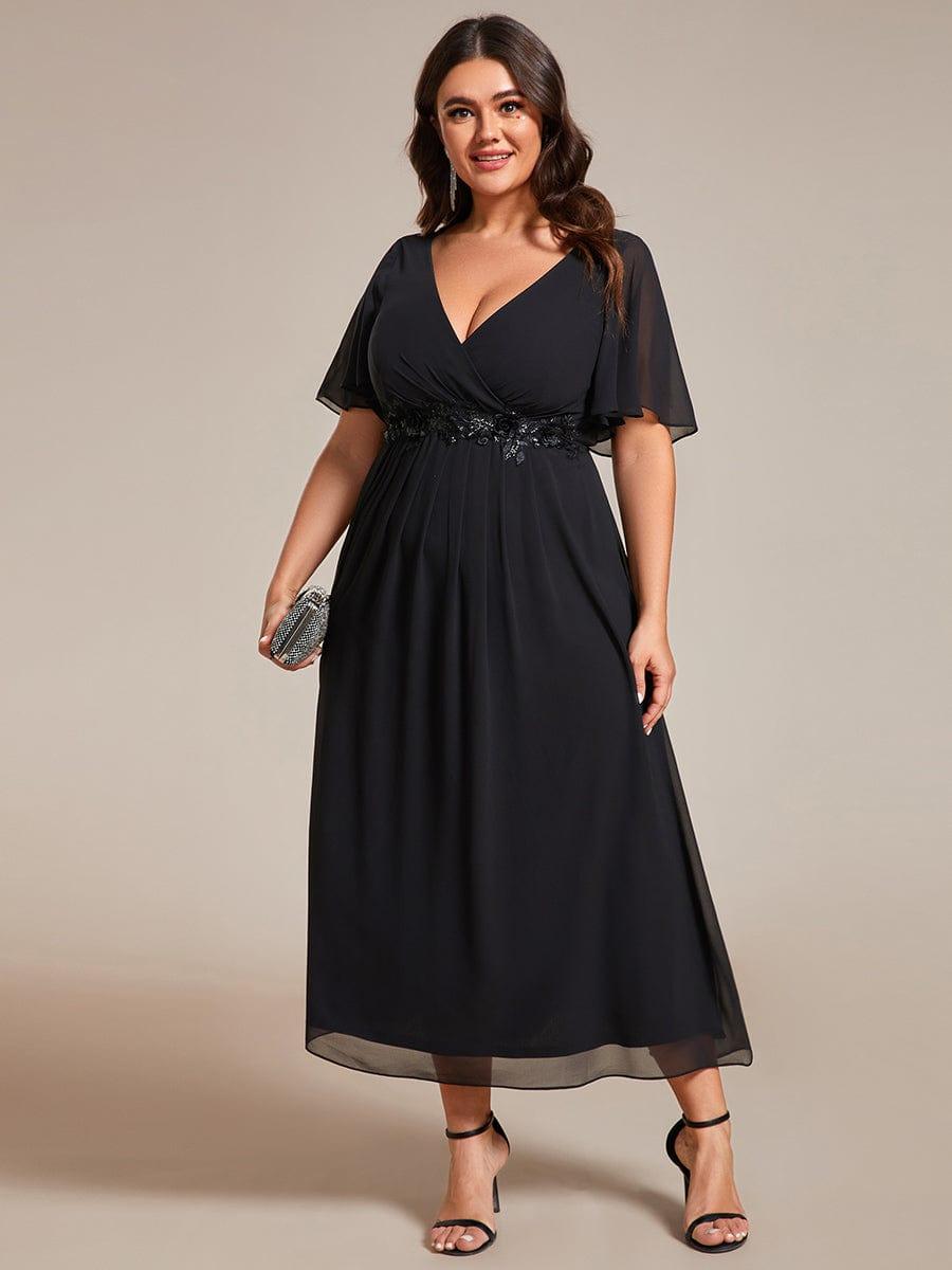 Floral A-Line Short Sleeves V-Neck Applique Empire-Waist Wedding Guest Dress