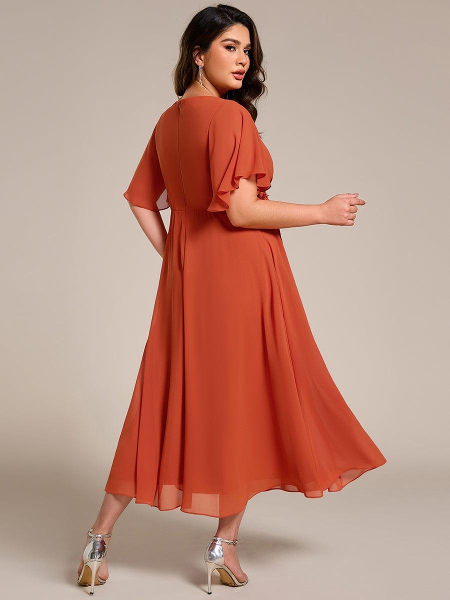 Floral A-Line Short Sleeves V-Neck Applique Empire-Waist Wedding Guest Dress
