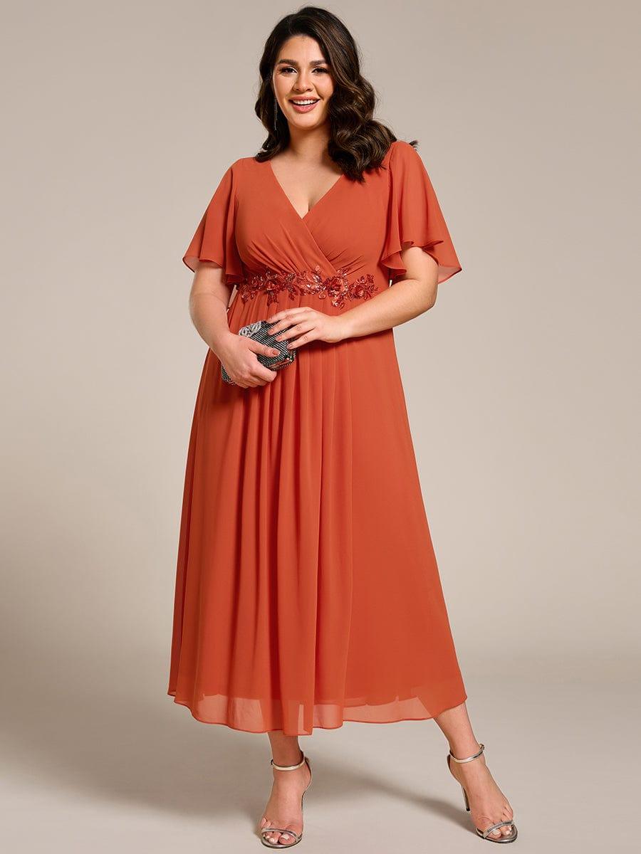 Floral A-Line Short Sleeves V-Neck Applique Empire-Waist Wedding Guest Dress