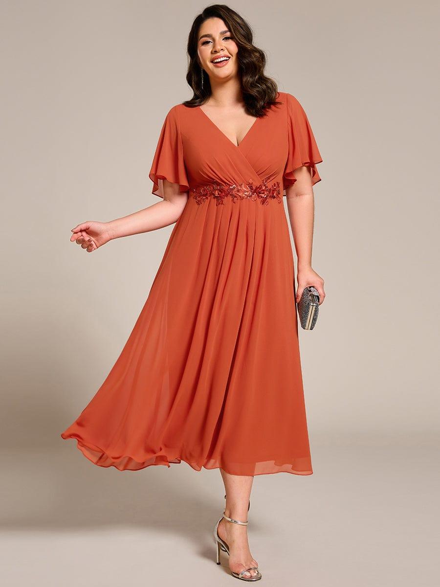 Floral A-Line Short Sleeves V-Neck Applique Empire-Waist Wedding Guest Dress