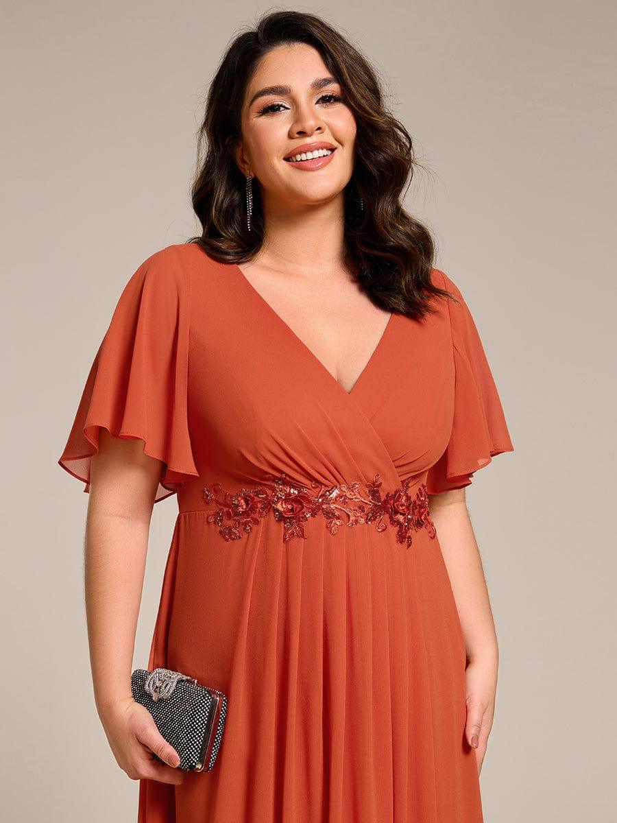 Floral A-Line Short Sleeves V-Neck Applique Empire-Waist Wedding Guest Dress
