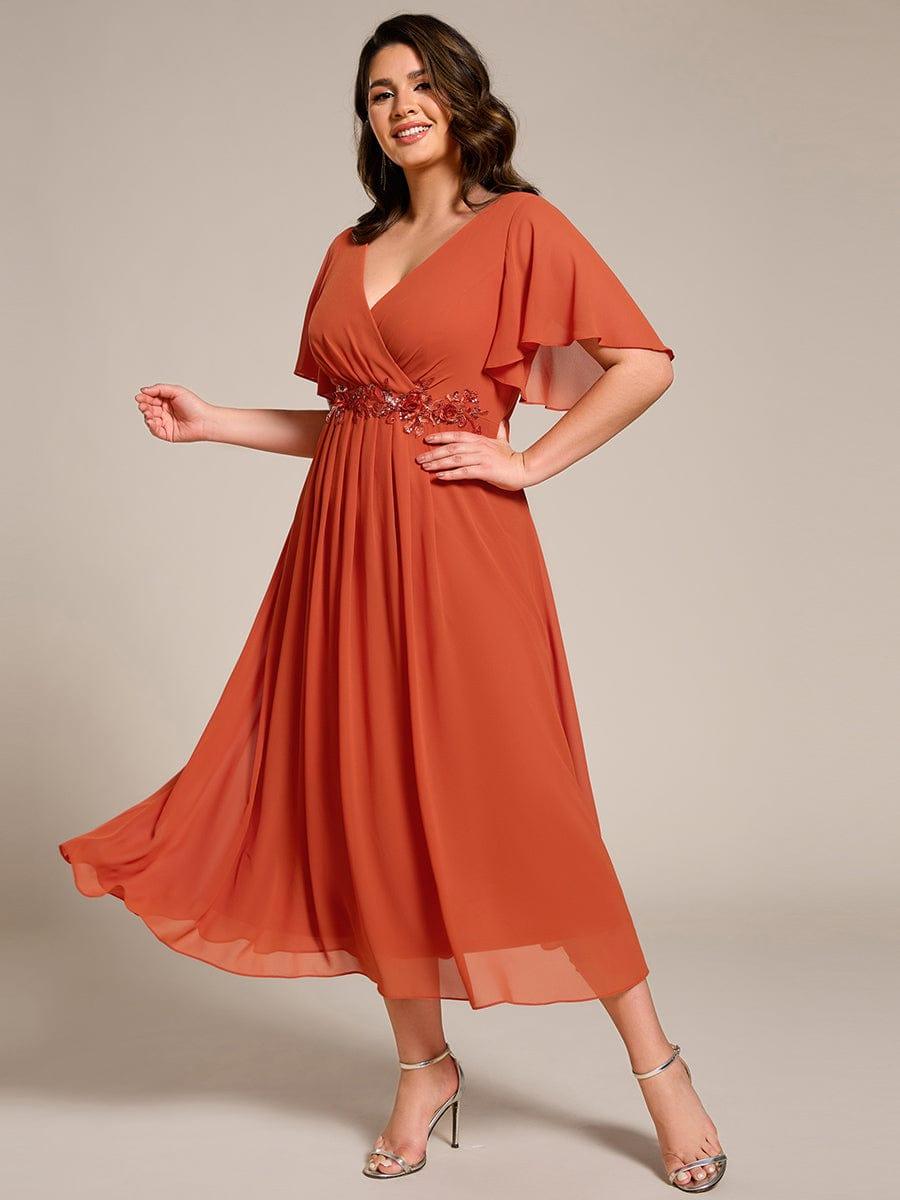 Floral A-Line Short Sleeves V-Neck Applique Empire-Waist Wedding Guest Dress