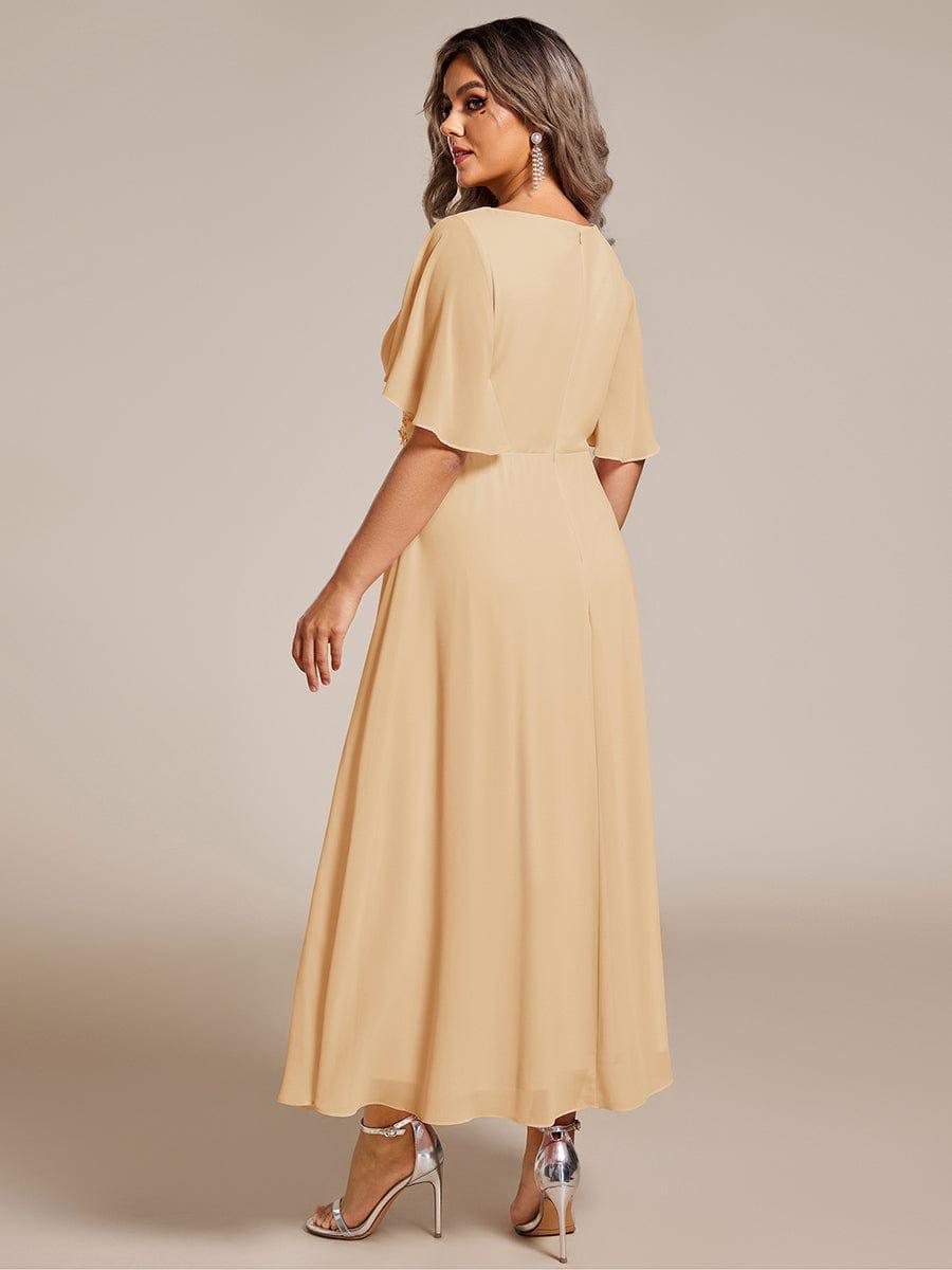 Floral A-Line Short Sleeves V-Neck Applique Empire-Waist Wedding Guest Dress