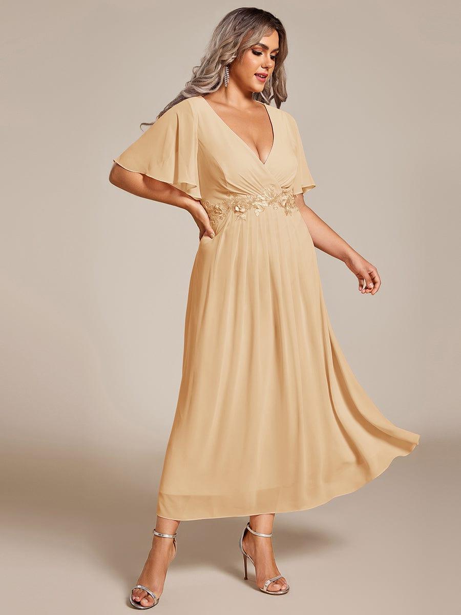Floral A-Line Short Sleeves V-Neck Applique Empire-Waist Wedding Guest Dress