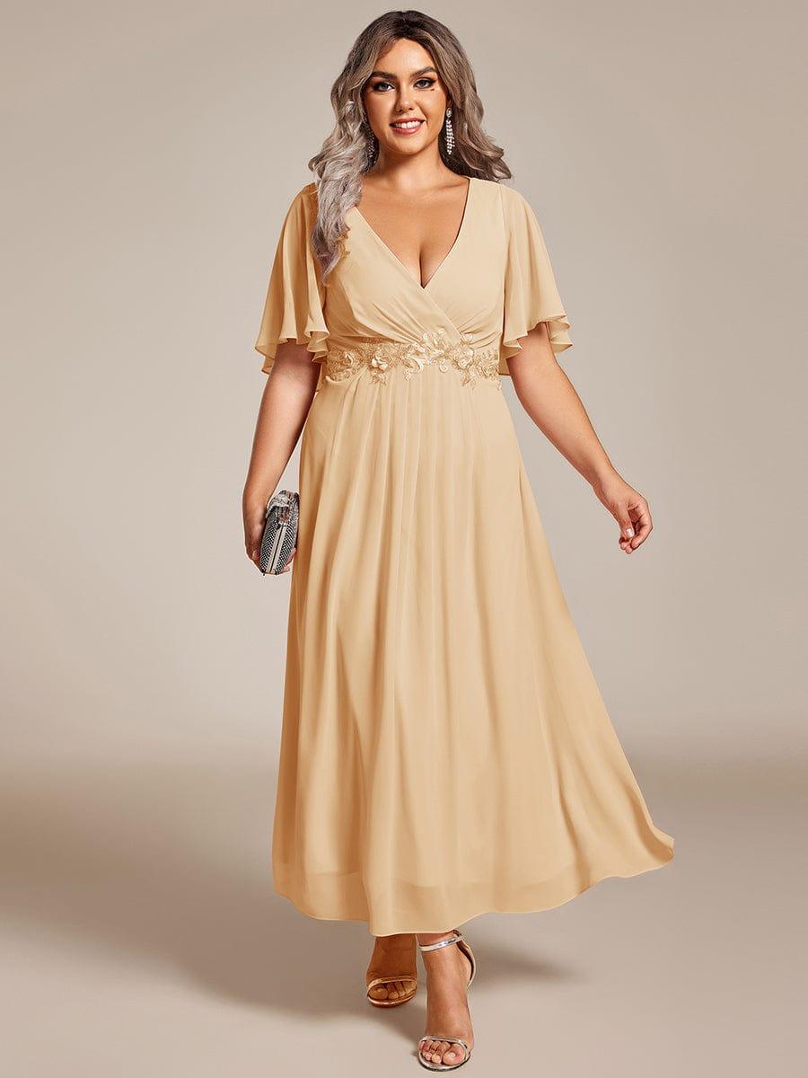 Floral A-Line Short Sleeves V-Neck Applique Empire-Waist Wedding Guest Dress