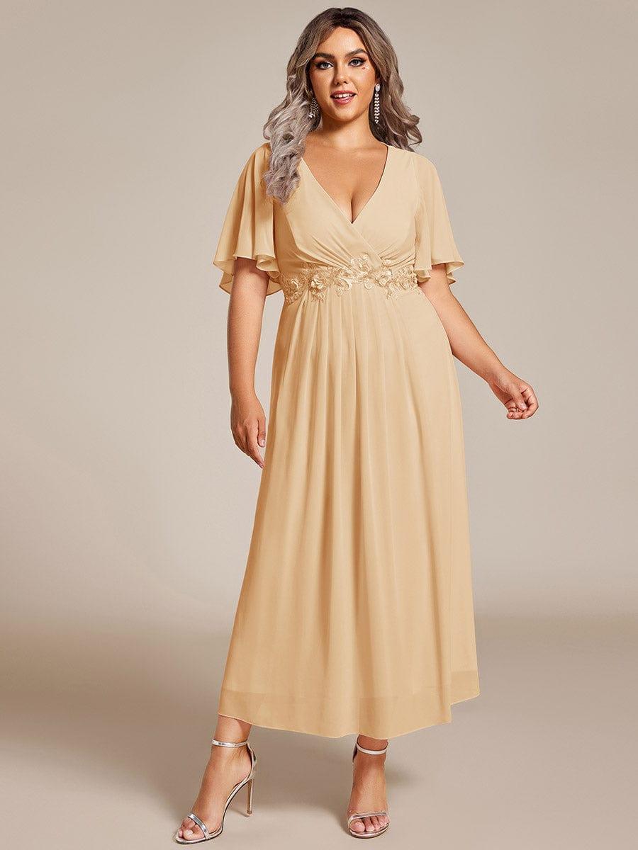 Floral A-Line Short Sleeves V-Neck Applique Empire-Waist Wedding Guest Dress