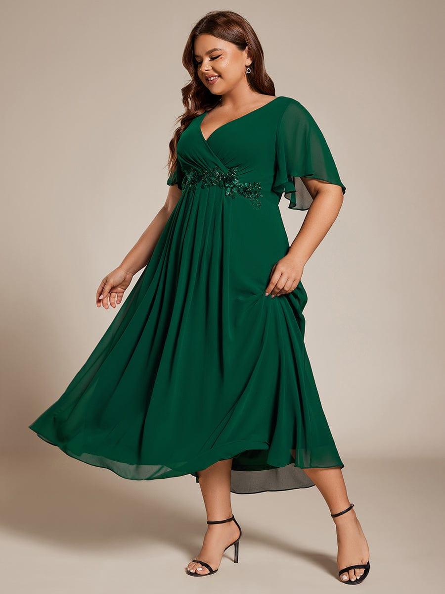 Floral A-Line Short Sleeves V-Neck Applique Empire-Waist Wedding Guest Dress