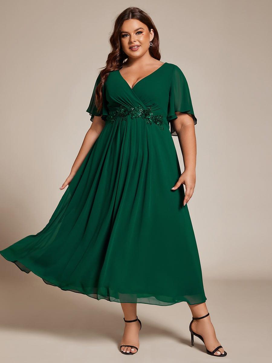 Floral A-Line Short Sleeves V-Neck Applique Empire-Waist Wedding Guest Dress