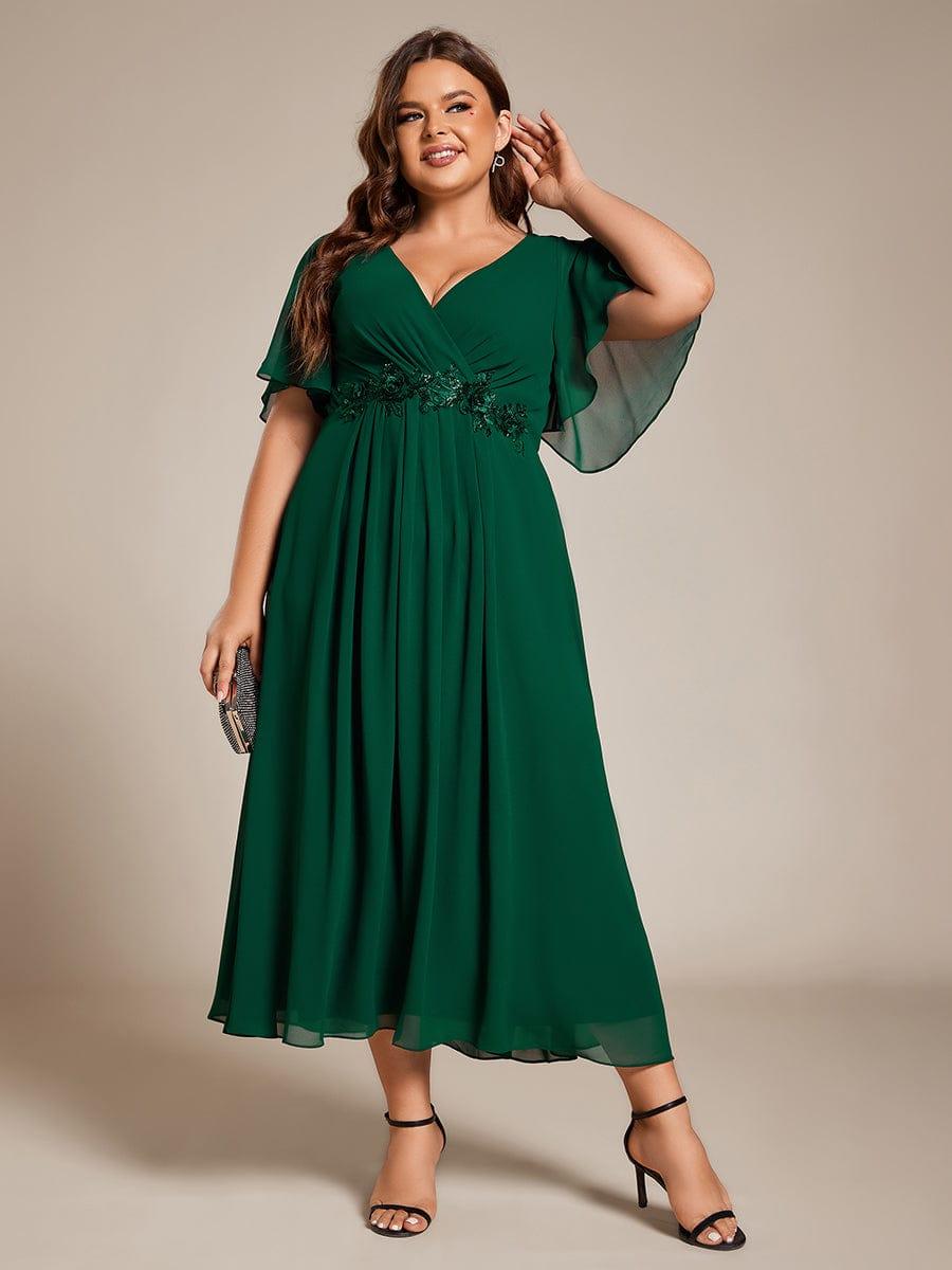 Floral A-Line Short Sleeves V-Neck Applique Empire-Waist Wedding Guest Dress