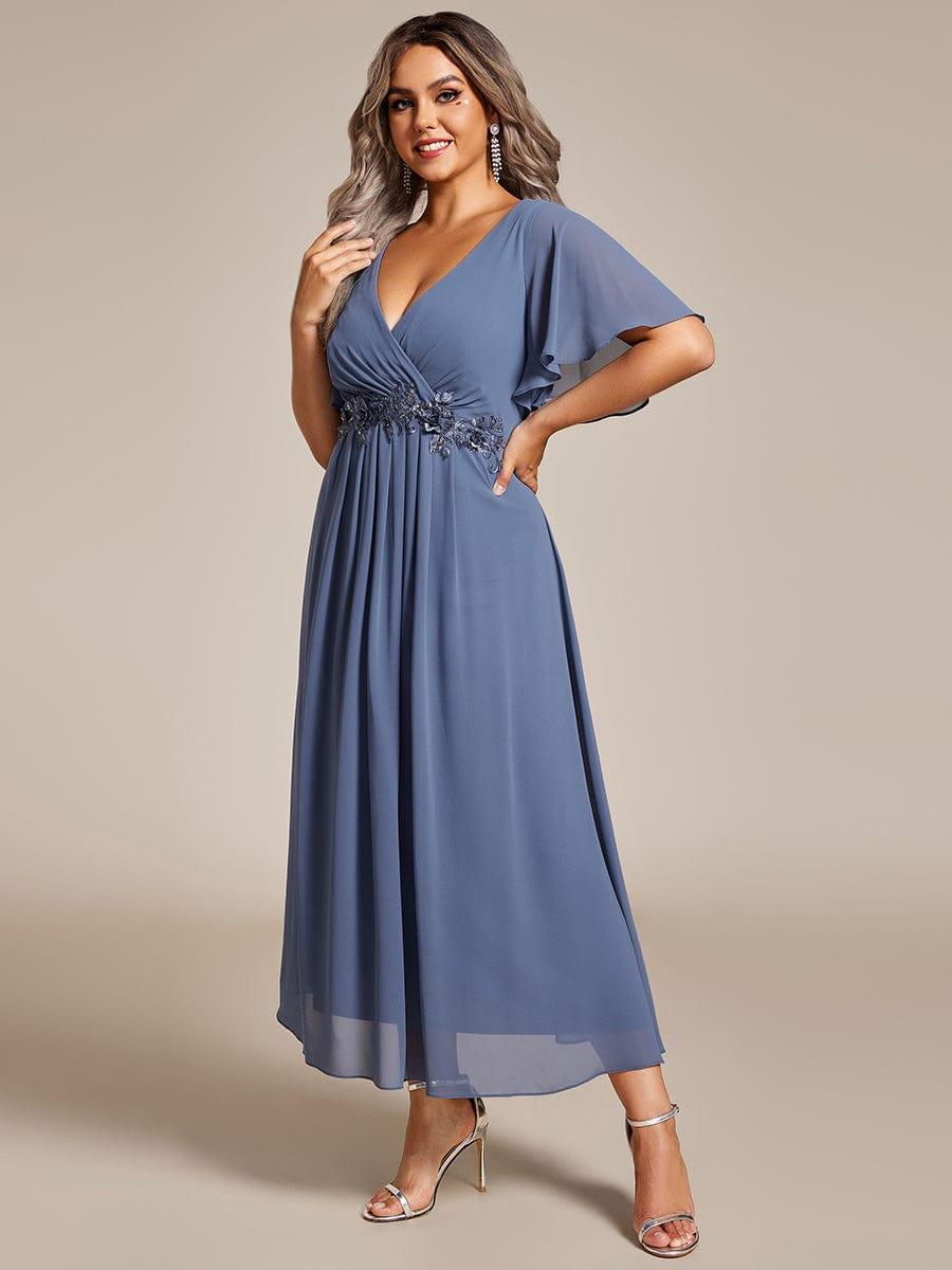 Floral A-Line Short Sleeves V-Neck Applique Empire-Waist Wedding Guest Dress