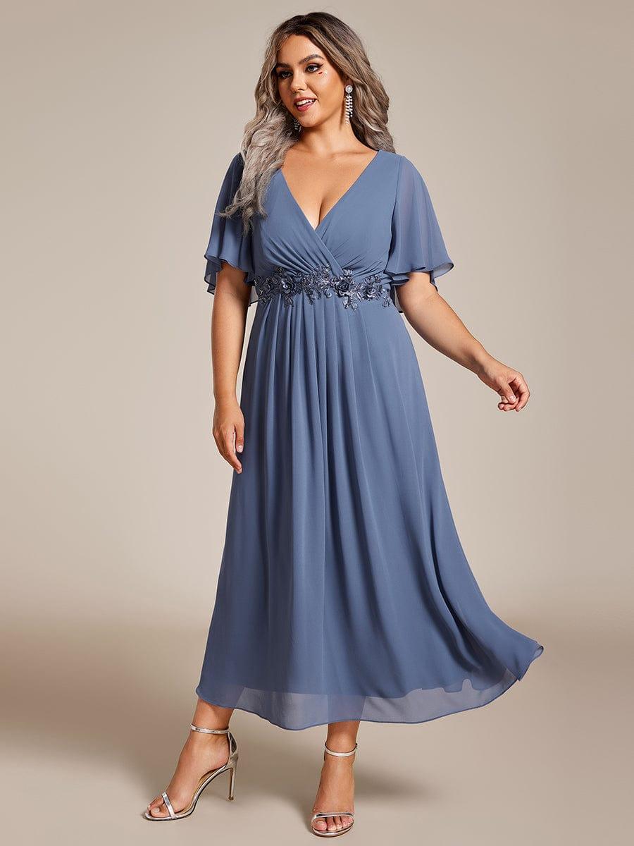Floral A-Line Short Sleeves V-Neck Applique Empire-Waist Wedding Guest Dress