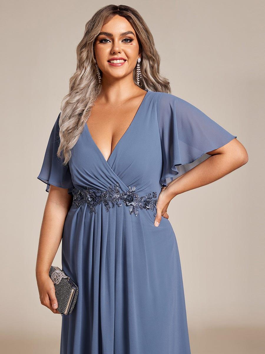 Floral A-Line Short Sleeves V-Neck Applique Empire-Waist Wedding Guest Dress