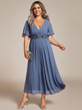 Floral A-Line Short Sleeves V-Neck Applique Empire-Waist Wedding Guest Dress