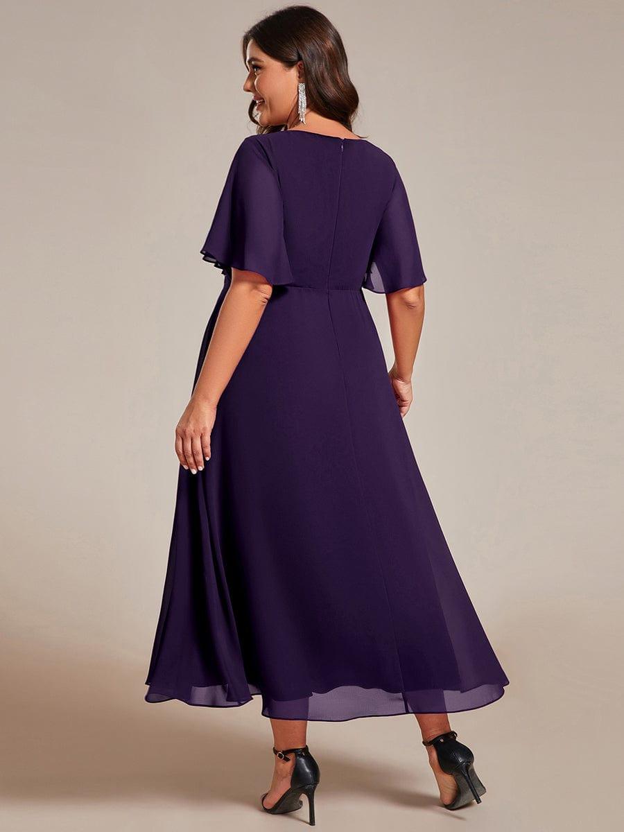Floral A-Line Short Sleeves V-Neck Applique Empire-Waist Wedding Guest Dress