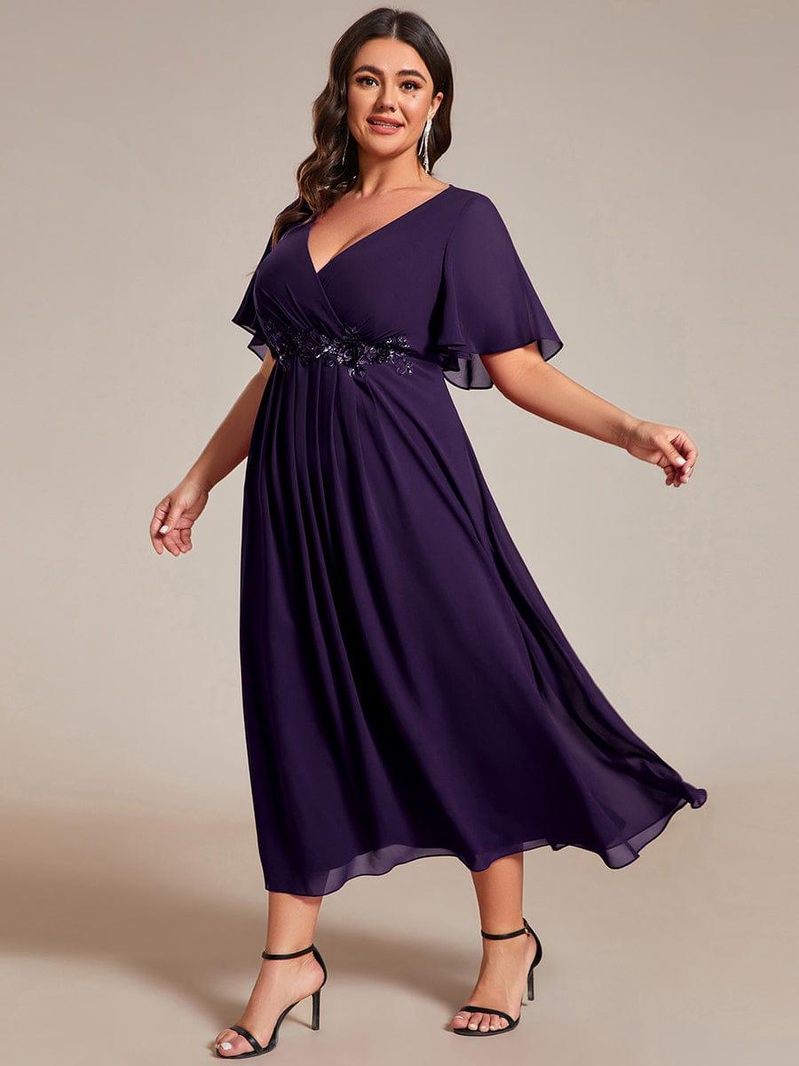 Floral A-Line Short Sleeves V-Neck Applique Empire-Waist Wedding Guest Dress