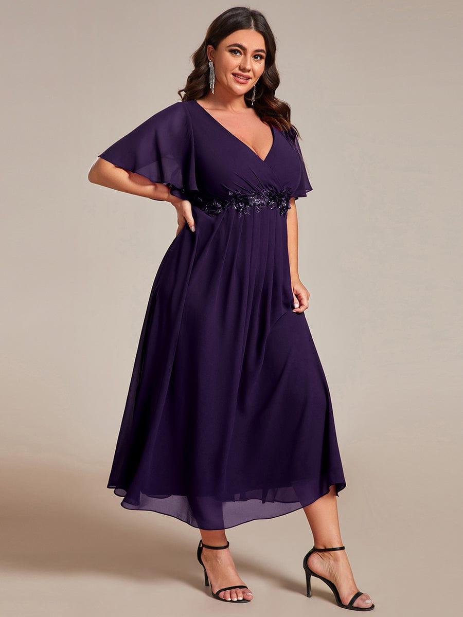 Floral A-Line Short Sleeves V-Neck Applique Empire-Waist Wedding Guest Dress