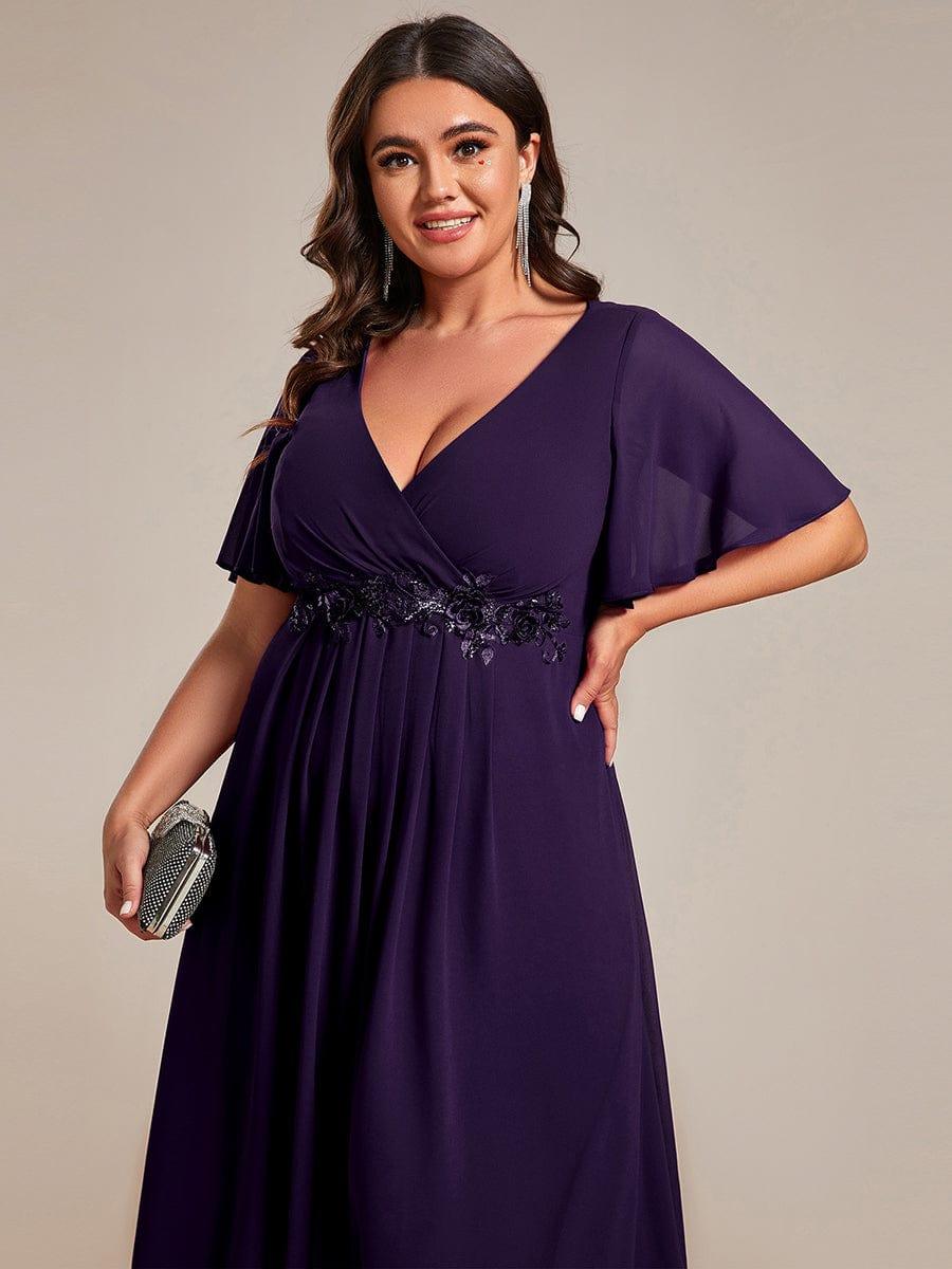 Floral A-Line Short Sleeves V-Neck Applique Empire-Waist Wedding Guest Dress