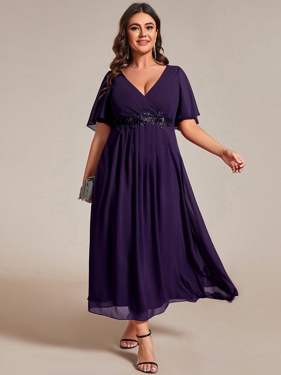 Floral A-Line Short Sleeves V-Neck Applique Empire-Waist Wedding Guest Dress