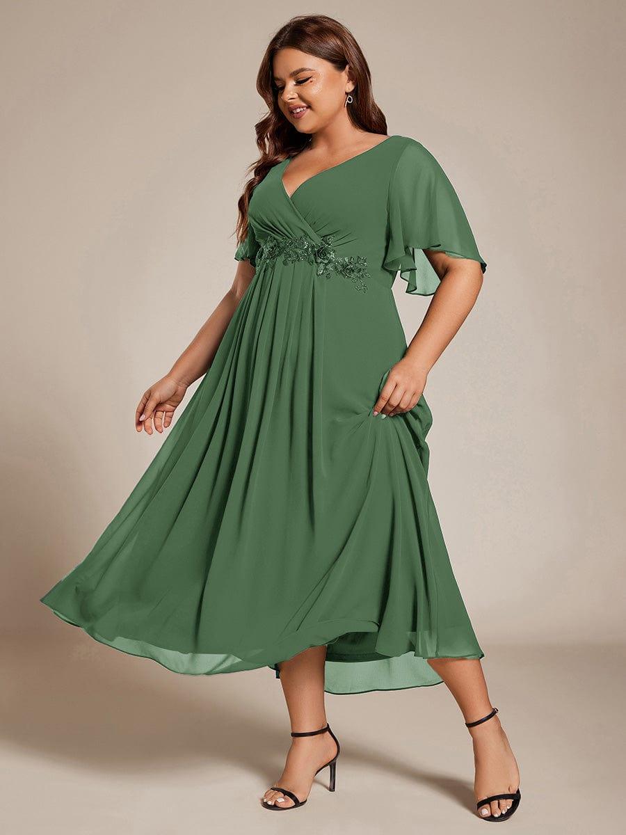 Floral A-Line Short Sleeves V-Neck Applique Empire-Waist Wedding Guest Dress