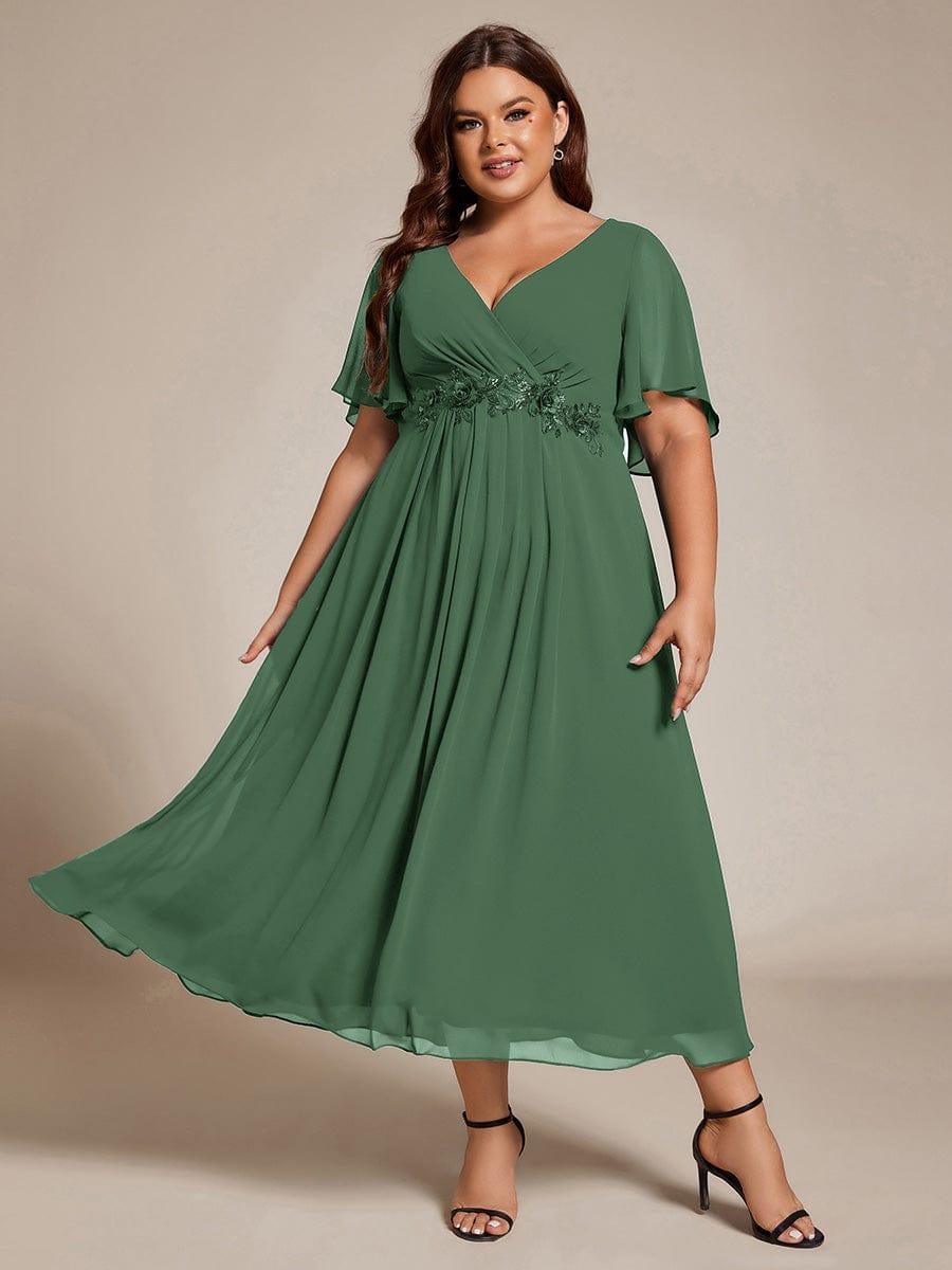 Floral A-Line Short Sleeves V-Neck Applique Empire-Waist Wedding Guest Dress