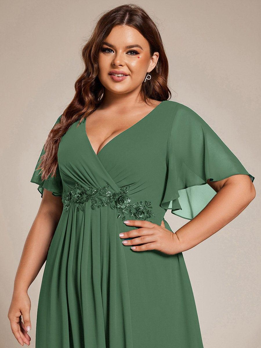 Floral A-Line Short Sleeves V-Neck Applique Empire-Waist Wedding Guest Dress