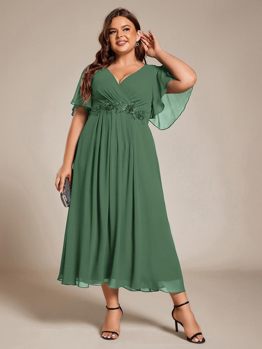 Floral A-Line Short Sleeves V-Neck Applique Empire-Waist Wedding Guest Dress