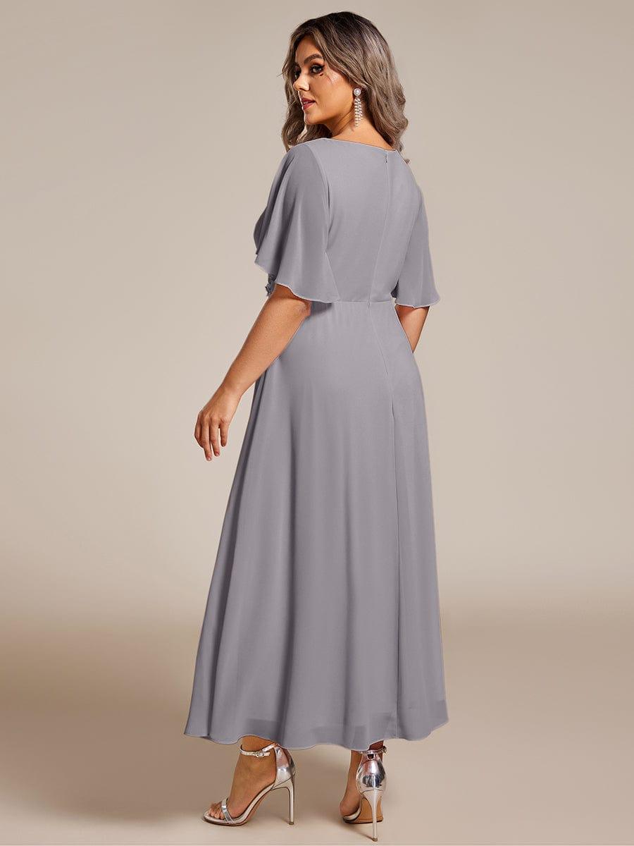 Floral A-Line Short Sleeves V-Neck Applique Empire-Waist Wedding Guest Dress