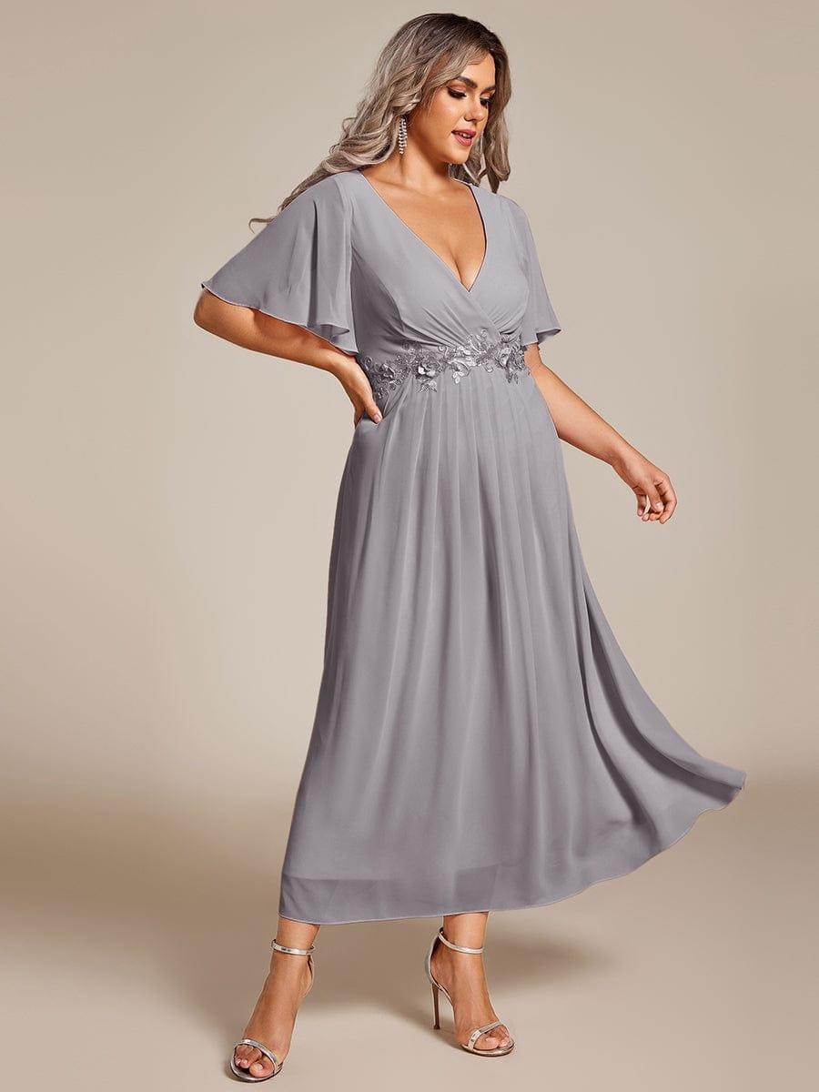 Floral A-Line Short Sleeves V-Neck Applique Empire-Waist Wedding Guest Dress