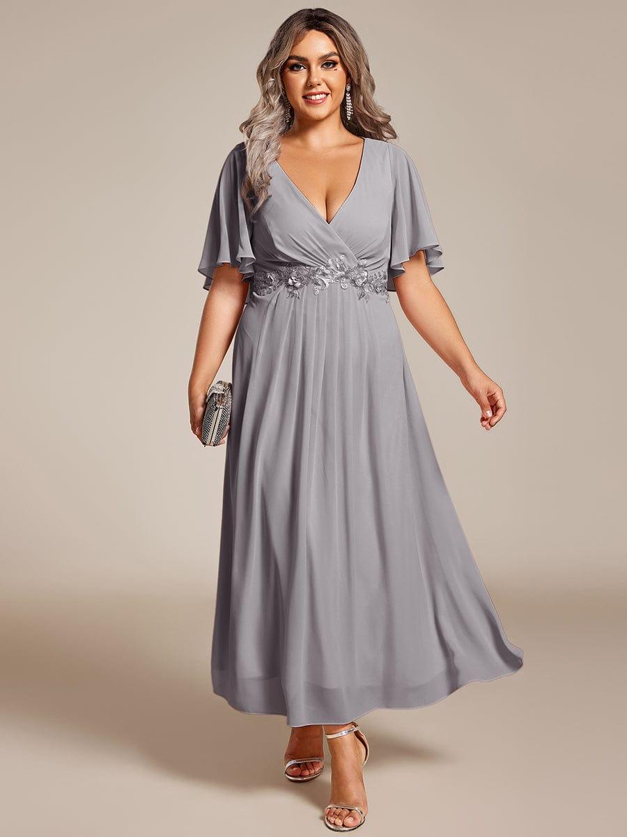 Floral A-Line Short Sleeves V-Neck Applique Empire-Waist Wedding Guest Dress