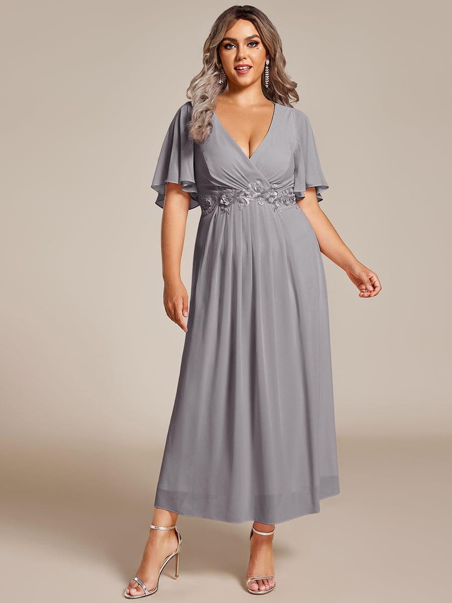 Floral A-Line Short Sleeves V-Neck Applique Empire-Waist Wedding Guest Dress
