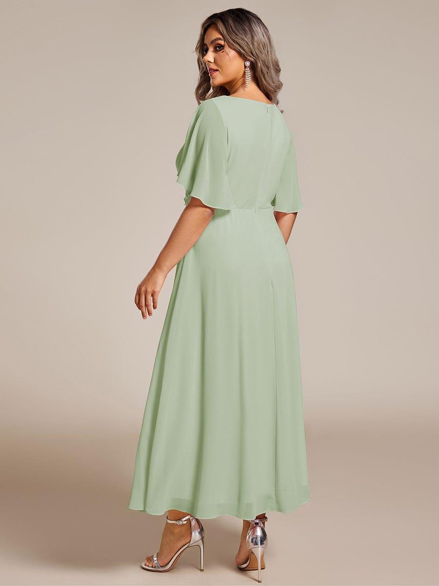 Floral A-Line Short Sleeves V-Neck Applique Empire-Waist Wedding Guest Dress