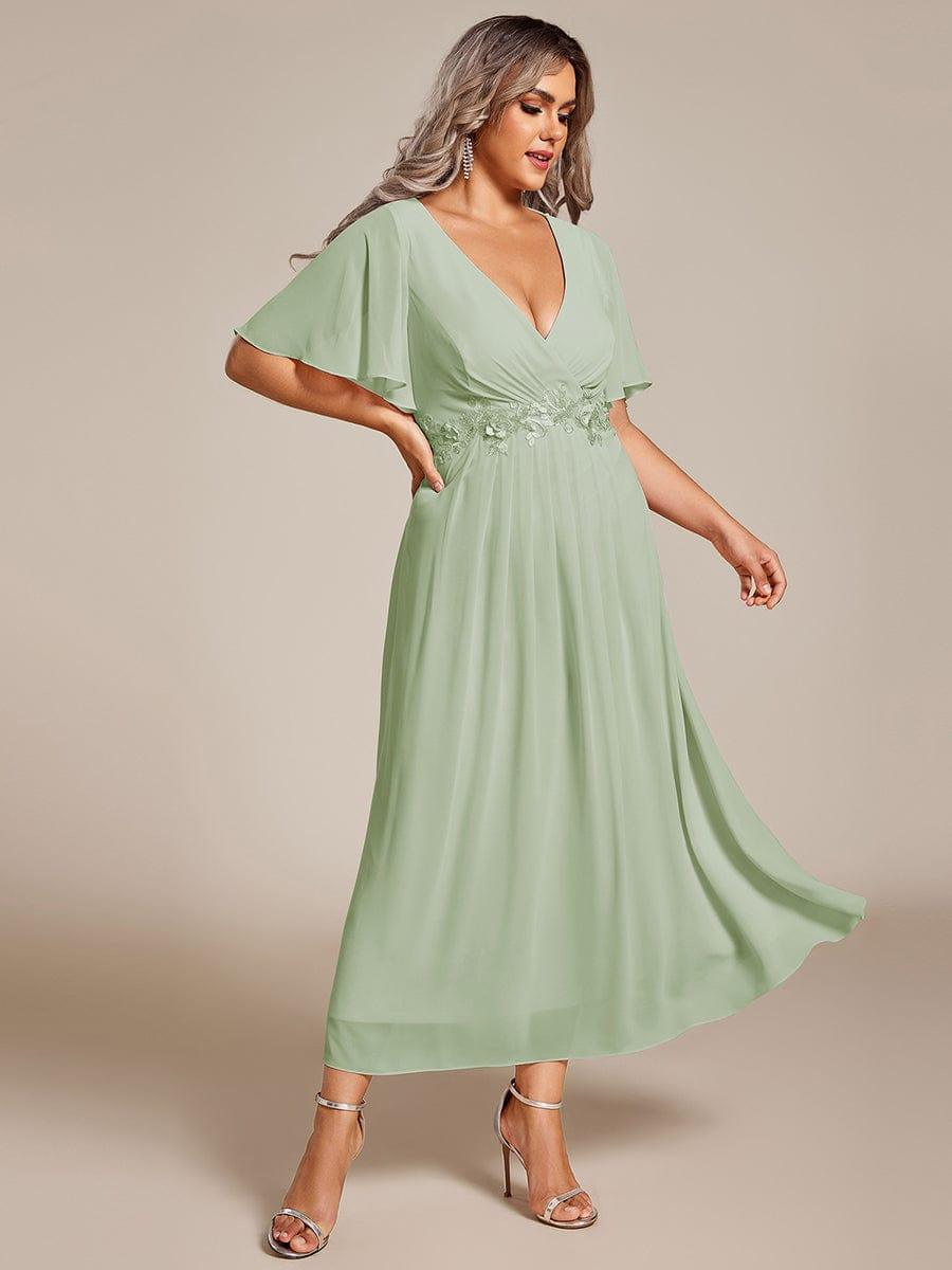 Floral A-Line Short Sleeves V-Neck Applique Empire-Waist Wedding Guest Dress