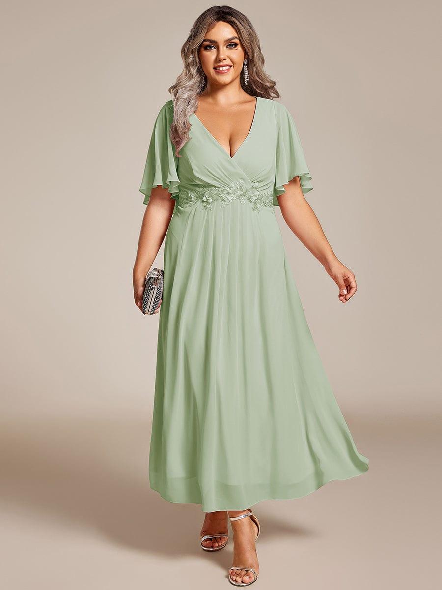 Floral A-Line Short Sleeves V-Neck Applique Empire-Waist Wedding Guest Dress