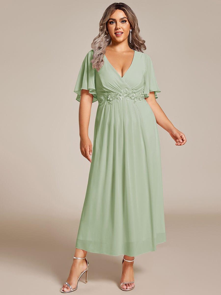 Floral A-Line Short Sleeves V-Neck Applique Empire-Waist Wedding Guest Dress