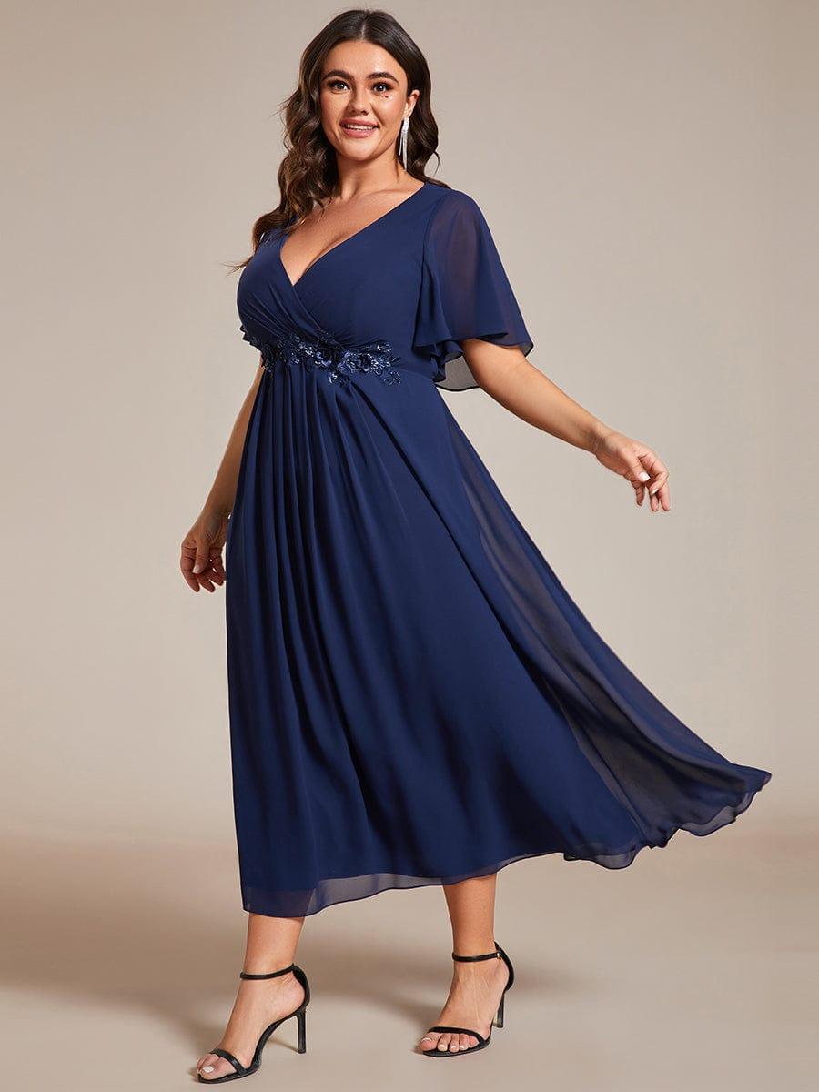 Floral A-Line Short Sleeves V-Neck Applique Empire-Waist Wedding Guest Dress