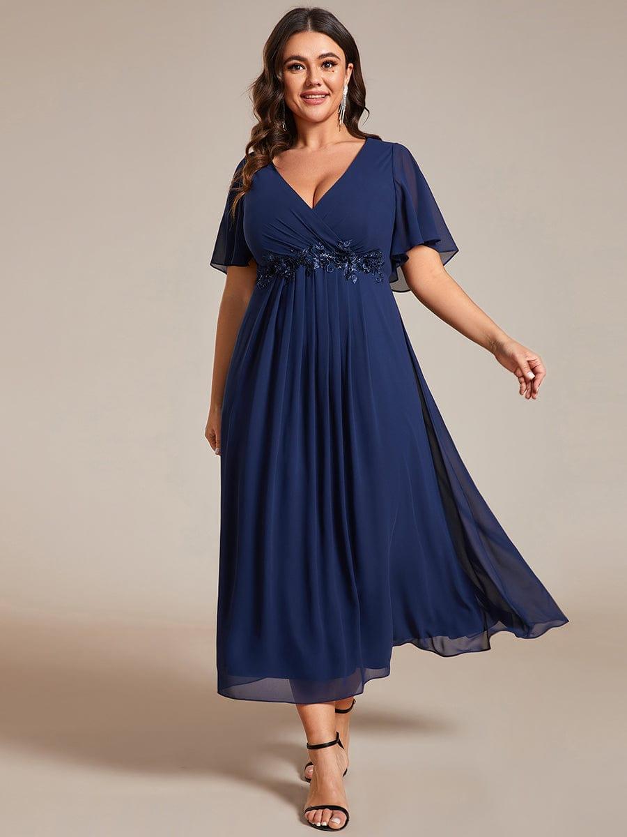 Floral A-Line Short Sleeves V-Neck Applique Empire-Waist Wedding Guest Dress