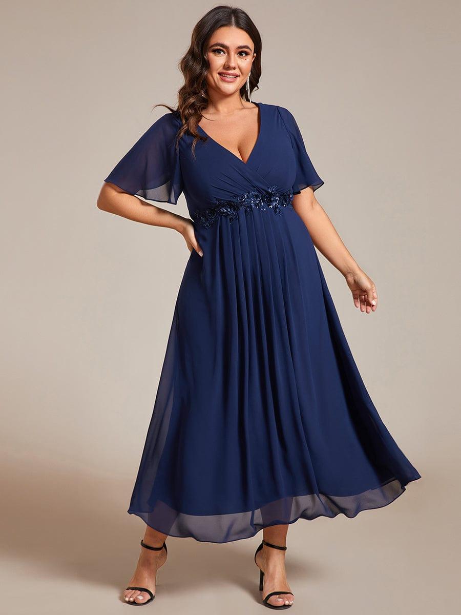 Floral A-Line Short Sleeves V-Neck Applique Empire-Waist Wedding Guest Dress
