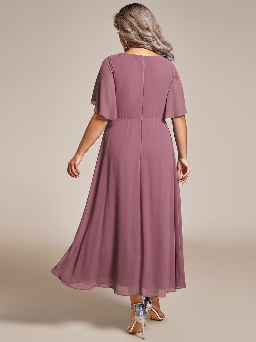 Floral A-Line Short Sleeves V-Neck Applique Empire-Waist Wedding Guest Dress