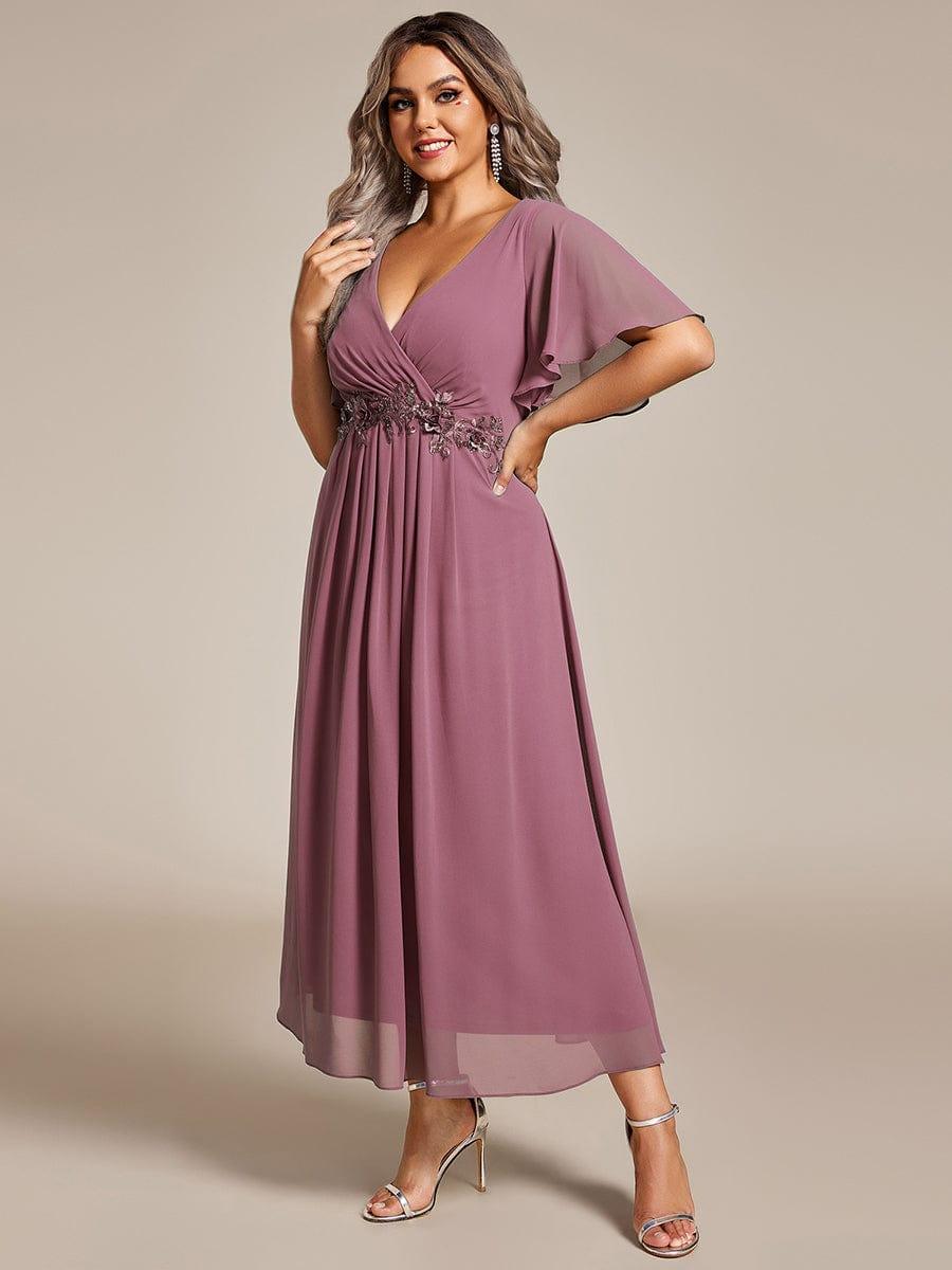 Floral A-Line Short Sleeves V-Neck Applique Empire-Waist Wedding Guest Dress