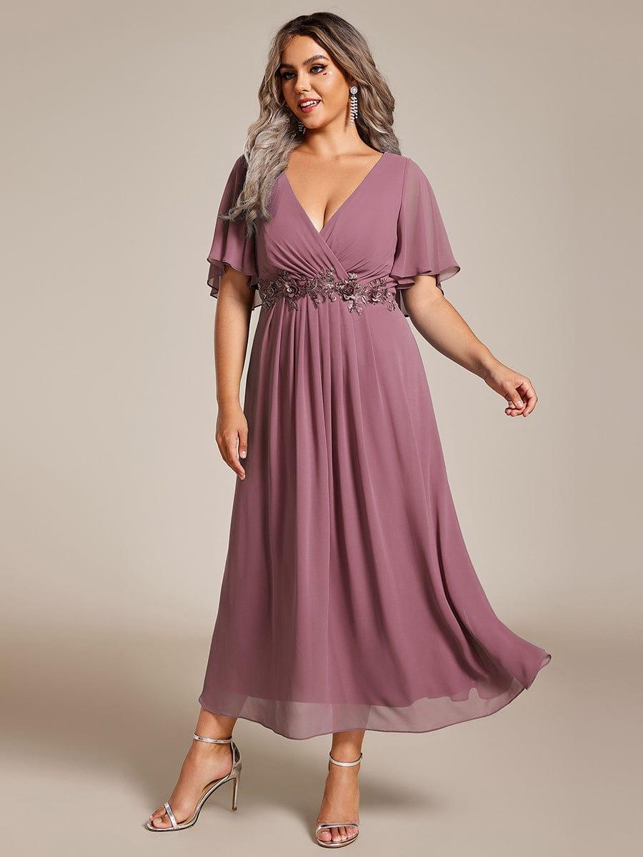 Floral A-Line Short Sleeves V-Neck Applique Empire-Waist Wedding Guest Dress