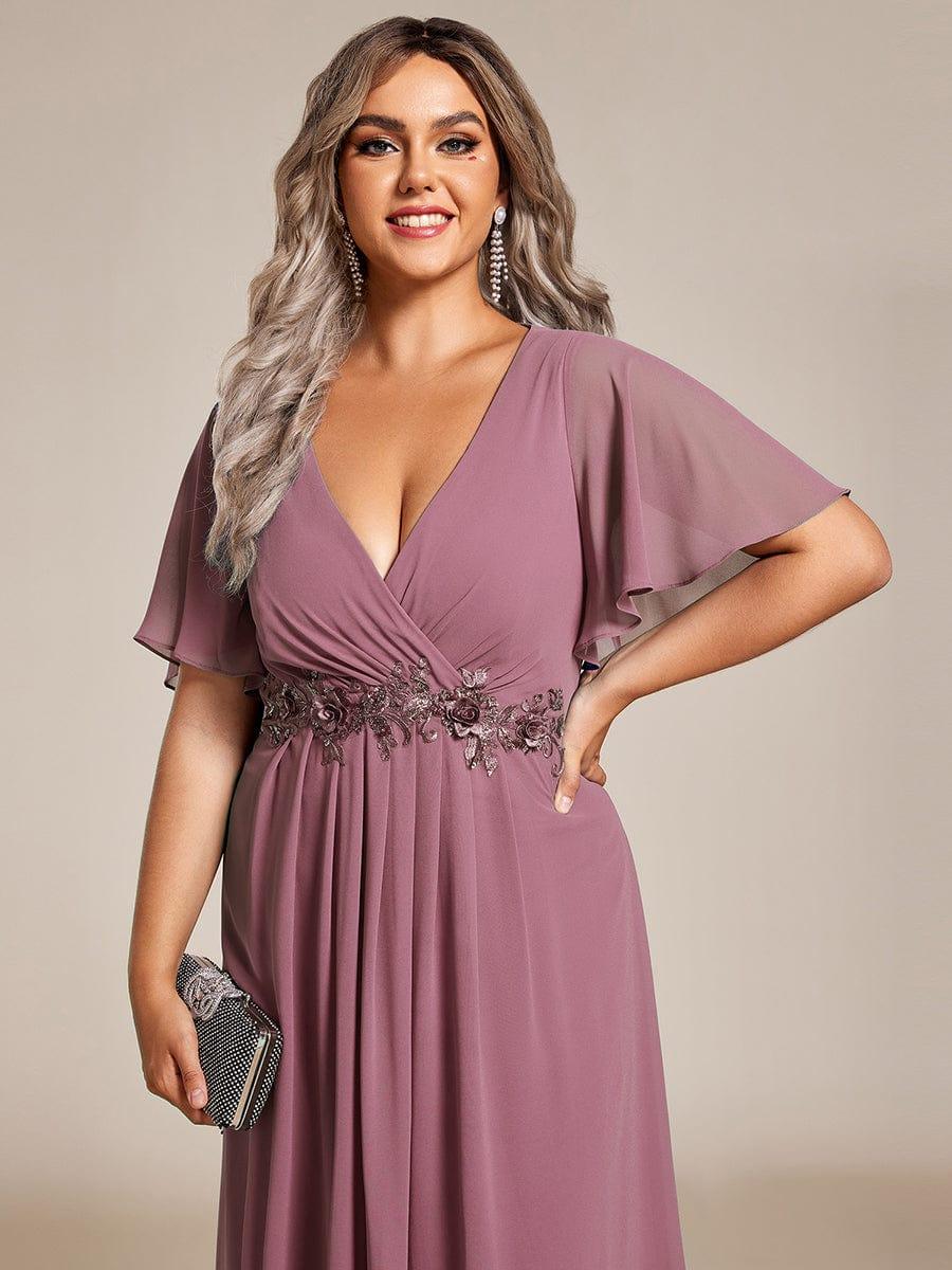 Floral A-Line Short Sleeves V-Neck Applique Empire-Waist Wedding Guest Dress