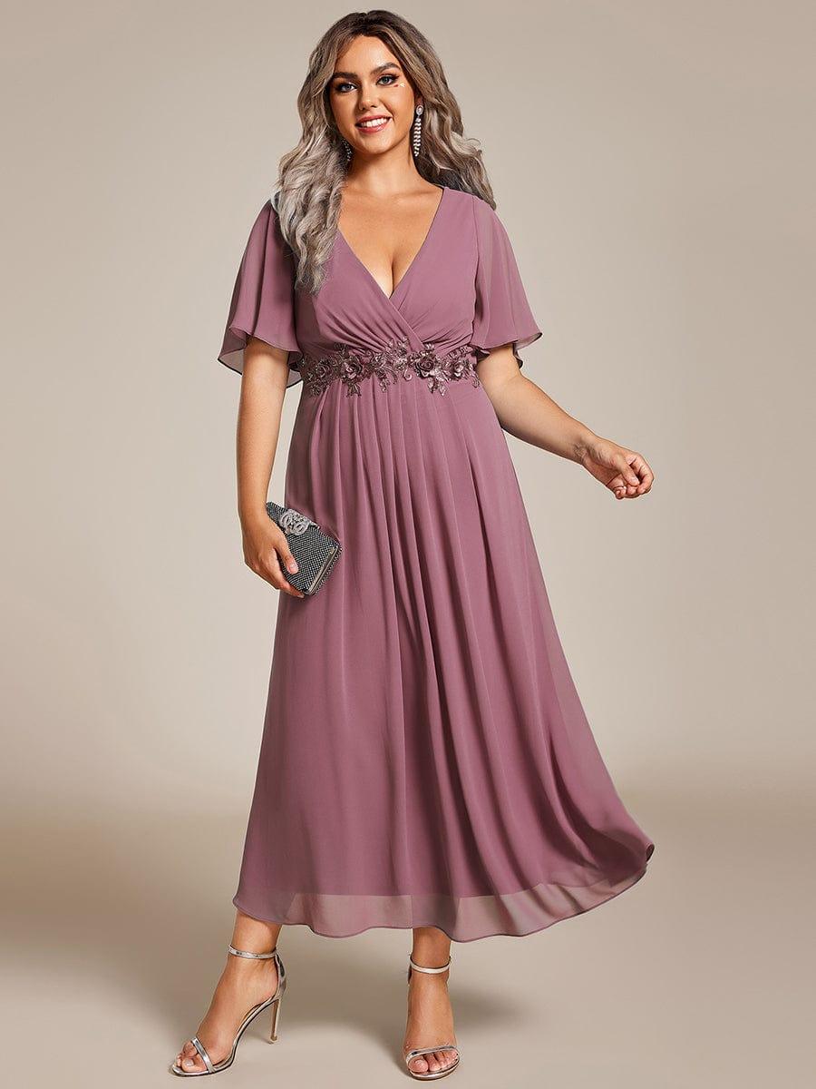 Floral A-Line Short Sleeves V-Neck Applique Empire-Waist Wedding Guest Dress