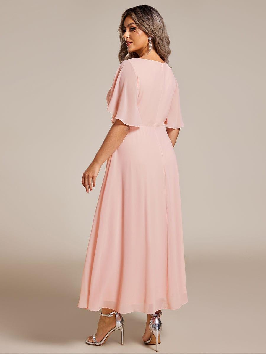 Floral A-Line Short Sleeves V-Neck Applique Empire-Waist Wedding Guest Dress