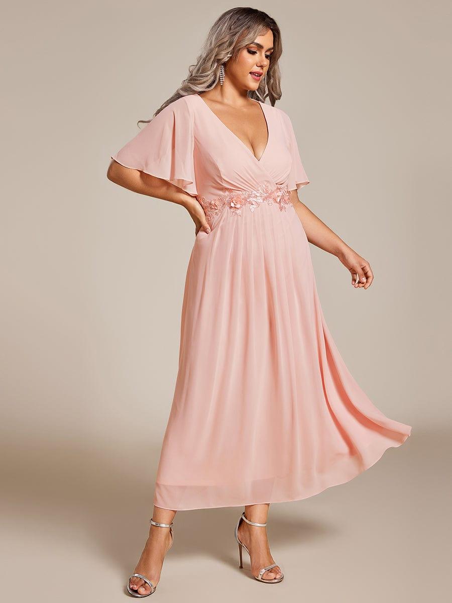 Floral A-Line Short Sleeves V-Neck Applique Empire-Waist Wedding Guest Dress