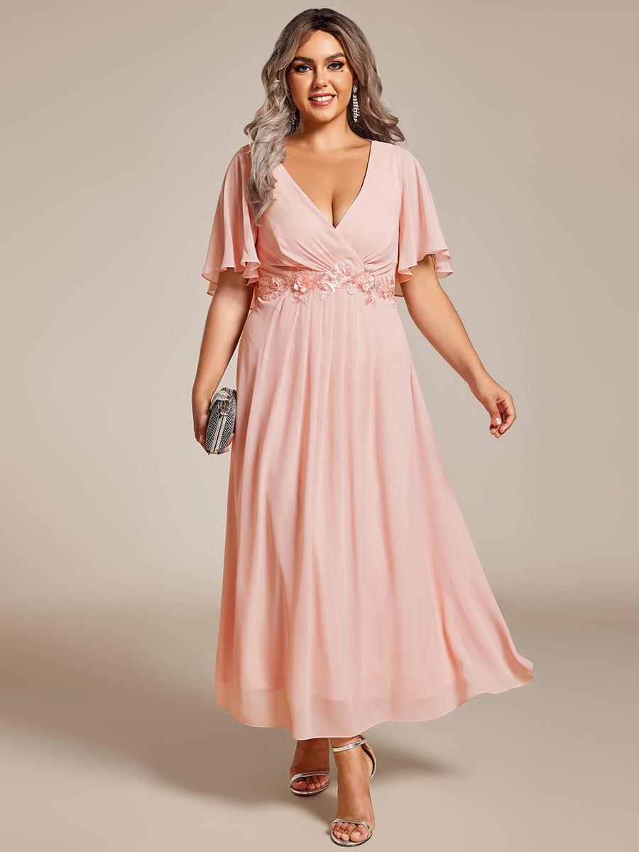 Floral A-Line Short Sleeves V-Neck Applique Empire-Waist Wedding Guest Dress
