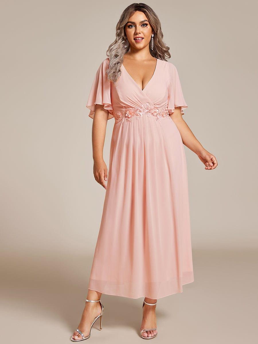Floral A-Line Short Sleeves V-Neck Applique Empire-Waist Wedding Guest Dress